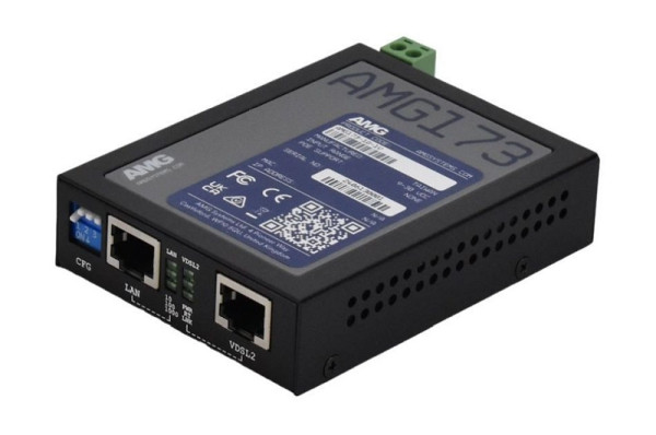 AMG Systems Industrieller VDSL2 Ethernet Extender, 1 x 10/100/1000BT & 1 x VDSL2 RJ45-Port für UTP, Coax oder Telefon, AMG173-1G-1V