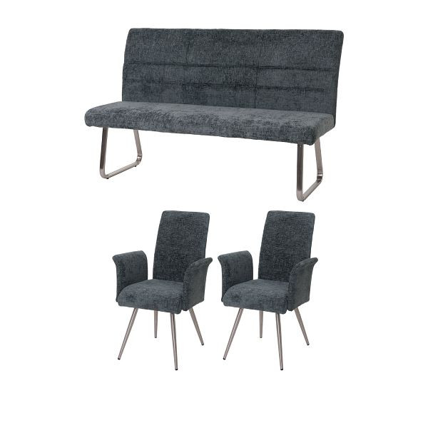 Mendler Esszimmer-Set HWC-G55, 2er-Set Stuhl mit Armlehne+Sitzbank 160cm, Edelstahl gebürstet Stoff/Textil Chenille, blau-grün, 108105+108225