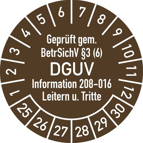 Moedel Prüfplakette Geprüft...BetrSichV...DGUV, 2025-2030, Folie, Ø 20 mm, VE: 10 Stück/Bogen, 106409