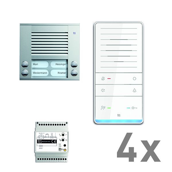 TCS Türkontrollsystem audio:pack AP für 4 Wohneinheiten, mit Außenstation PES 4 Klingeltasten, 4x Freisprecher ISW5031, Steuergerät BVS20, PAAF042/001