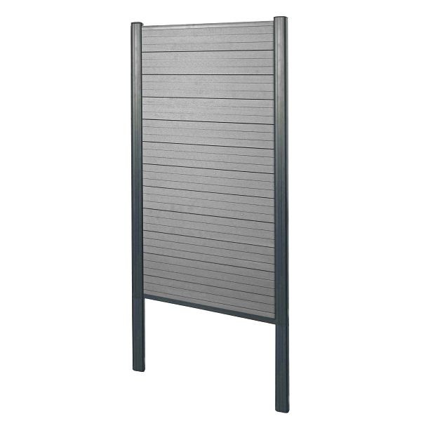 Mendler WPC-Sichtschutz Sarthe, Windschutz Zaun, Alu-Pfosten zum Einbetonieren, Basiselement schmal, 100cm grau, 2x76243+3x76237+76240+76264