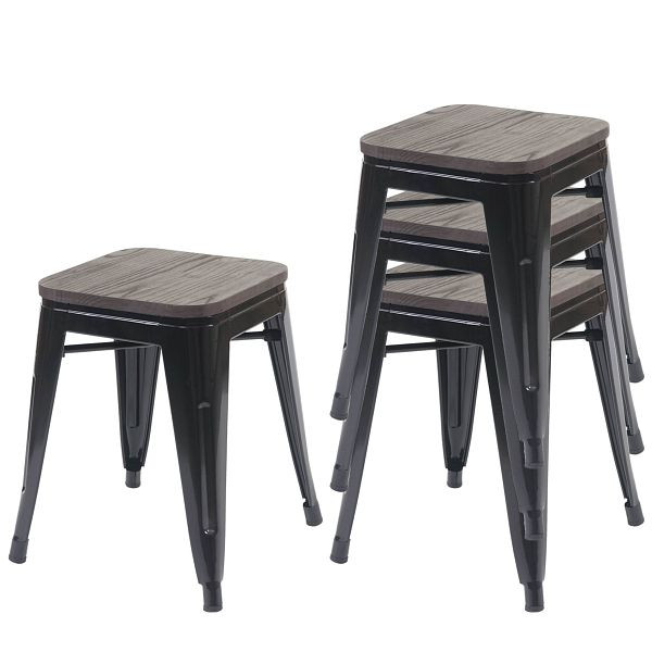 Mendler 4er-Set Hocker HWC-A73 inkl. Holz-Sitzfläche, Metallhocker Sitzhocker, Metall Industriedesign stapelbar, schwarz, 70771