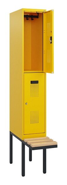 C+P Doppelstock-Spind Evolo PLUS, Bank, 2 Fächer, 1950x300x815mm, 1023/1023, Zylinderschloss, Sitzfläche Buche-Hartholz, 0493405-10 S10064