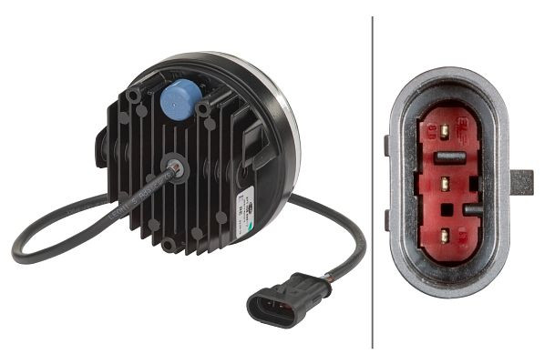 HELLA LED-Tagfahrleuchte, 90mm, 24/12V, rund, SAE/ECE-R7/ECE-R87/E1 2372/ECE-R10/E1 4479, LED-Lichtfarbe: weiß, 500mm, AMP, rechts, 2PT 009 599-121