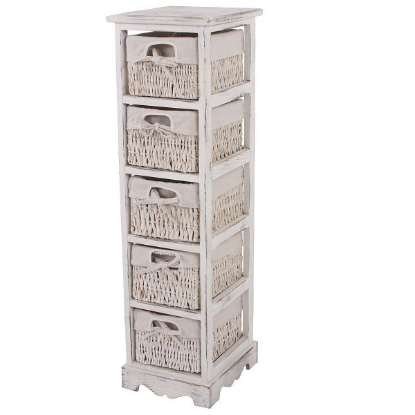 Mendler Regal Kommode mit 5 Korbschubladen 90x25x28cm, Shabby-Look, Vintage, weiß, 30434