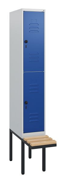 C+P Doppelstöckiger Spind Classic PLUS, 1950x300x815mm, 7035/5010, Drehriegel, Sitzleisten aus Buche, schwebende Sitzfläche, 0803405-10 S10003