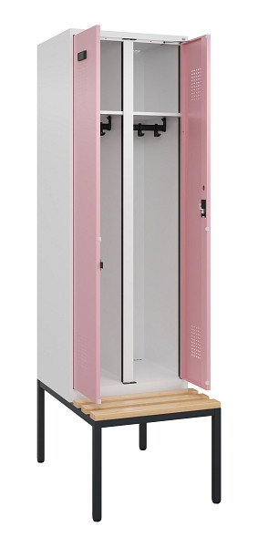 C+P Schwarz-Weiß-Spind Evolo PLUS, Bank, 2 Abteile, 2120x600x815mm, 9016/3015, Zylinderschloss, Sitzfläche Buche-Hartholz, Sitzbank, 0490527-20 S10045