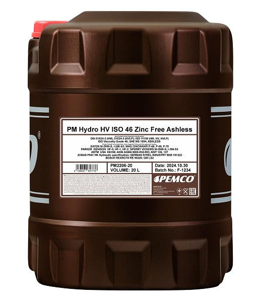 PEMCO Hydrauliköl 2206 Hydro HV ISO 46 Zinkfrei, VE: 20 l, PM2206-20