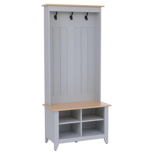 Mendler Garderobe HWC-P28, Standgarderobe Schuhregal Sitzbank, 3 Haken 4 Staufächer Melamin 170x76x39cm, hellgrau, natur, 118681