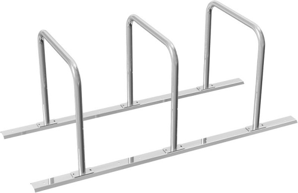 Schake Anlehnbügel als Reihenanlage mit (geteiltem) Schienensystem für 3 Anlehnbügel, Länge: 2100mm, Anlehnbügel aus Stahlrohr Ø48mm, 423_30