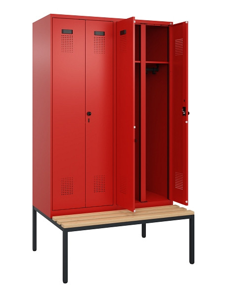 C+P Schwarz-Weiß-Spind Evolo PLUS, Bank, 4 Abteile, 2120x1200x815mm, 3020/3020, Drehriegel, Sitzfläche Buche-Hartholz, Sitzbank, 0490527-40 S10025