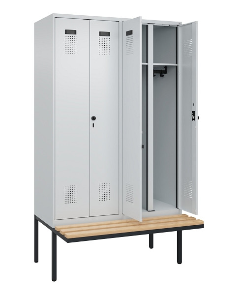 C+P Schwarz-Weiß-Spind Evolo PLUS, Bank, 4 Abteile, 2120x1200x815mm, 7035/7035, Drehriegel, Sitzfläche Holz, 0490427-40 S10013