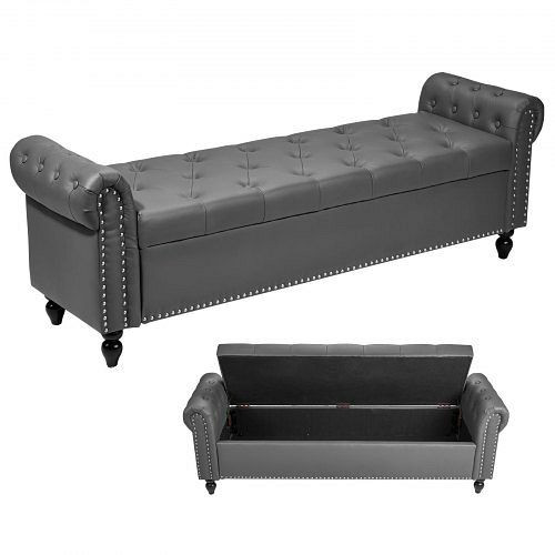 VEVOR PU-Leder Sitzbank Ottomane Grau, 460x1660x560mm, Holzbeine, Stauraum, Knopfheftung, gerollte Armlehnen, 300kg Tragkraft, PZWSZYXTK617Z91XO001V0