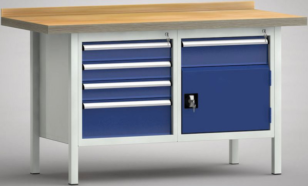 KLW Standard-Werkbank - 1500 x 700 x 840 mm L x T x H, links 3x100EA/200EA, rechts 150EA/Türe 350 mm, WS177N-1500M40-E7020