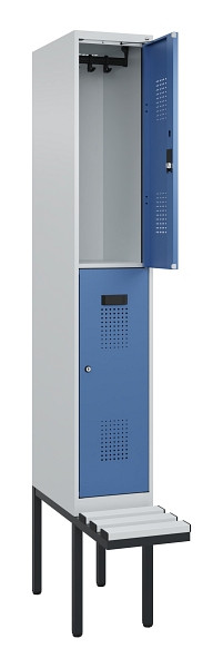 C+P Doppelstock-Spind Evolo PLUS, Bank, 2 Fächer, 2120x300x815mm, 7035/5023, Zylinderschloss, Sitzfläche Kunststoff, 0493407-10 S10116