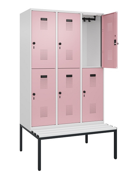 C+P Doppelstock-Spind Evolo PLUS, Bank, 6 Fächer, 2120x1200x815mm, 9016/3015, Drehriegel, Sitzfläche Kunststoff, Sitzbank, 0493507-32 S10099