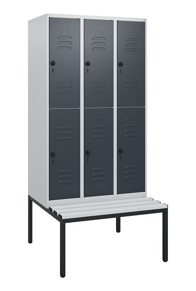 C+P Doppelstöckiger Spind Classic PLUS, 3 Abteile, 1950x900x815mm, 7035/7016, Drehriegel, mit untergebauter Sitzbank, 0803505-30 S10068