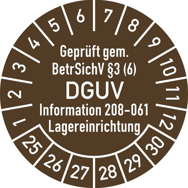 Moedel Prüfplakette BetrSichV §3 (6) DGUV 208-061, 2025-2030, Folie, Ø 30mm, VE: 10 Stück/Bogen, 108015