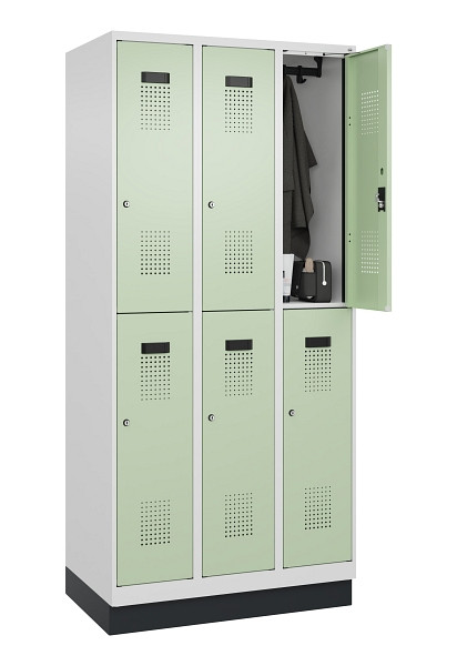 C+P Doppelstöckiger Spind Evolo PLUS, mit Sockel, 6 Fächer, 1950x900x500mm, 9016, Frontfarbe RAL 6019 Weissgrün, Zylinderschloss, 049320-30 S10046