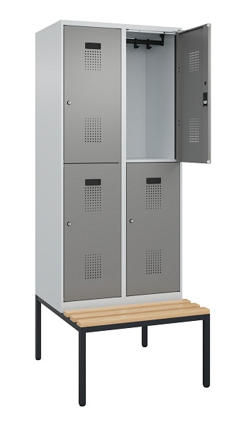 C+P Doppelstock-Spind Evolo PLUS, Bank, 4 Fächer, 2120x800x815mm, 7035/0004, Zylinderschloss, Sitzfläche Buche-Hartholz, Sitzbank, 0493507-22 S10041