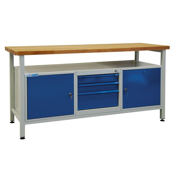 ADB Werkbank 3 Schubladen + 2 Türen, Ablage, Maße: LxBxH 1700x600x840 mm, Werktisch: lichtgrau, RAL 7035, Farbe Tür/Schubladen: Lichtblau (RAL 5012), 42753