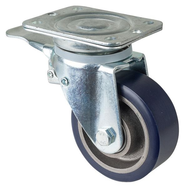 BS Rollen Schwerlastrolle mit Feststeller, Breite 50 mm, Ø125 mm, bis 400 kg, Lauffläche Guss-Polyurethan 78 Shore A, Guss, Kugellager, N120.C11.126