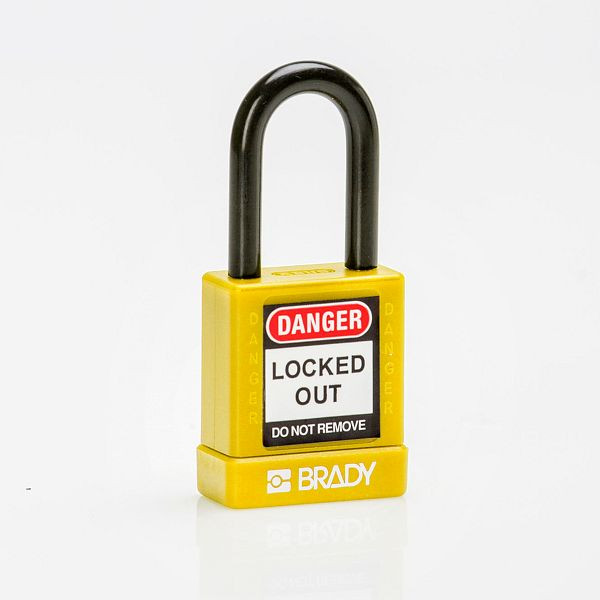 Brady Vorhängeschlösser, Aluminiumgehäuse mit Nylonschutz, lichte Bügelhöhe 38 mm, gelb, VE: 6 Stück, 307984