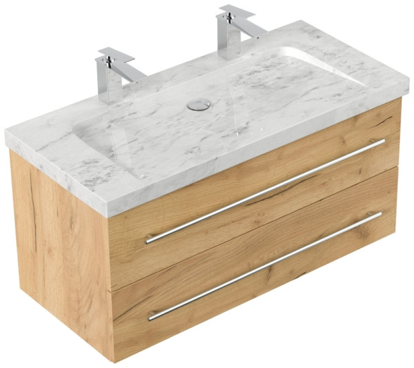 Posseik Badmöbel Marmor Carrara White YAMO 100 cm 2 Hahnlöcher SoftClose eiche gold, YAMO100032000010DE