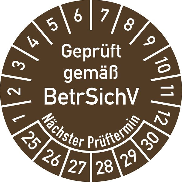 Moedel Prüfplakette Geprüft gemäß BetrSichV...2025 - 2030, Folie, Ø 30 mm, VE: 10 Stück/Bogen, 106432