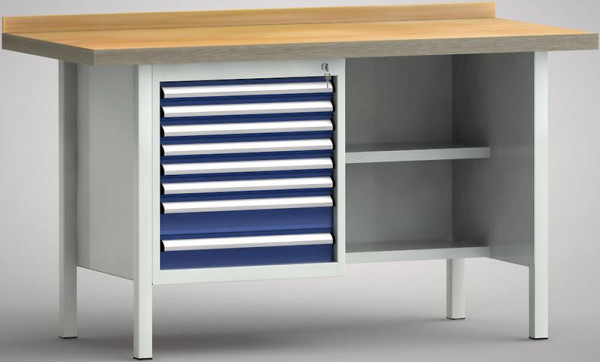 KLW Profi-Werkbank - 1500 x 700 x 905 mm L x T x H (ERGO-Version), links 6x/50EA/2x100EA, WP138E-1500M45-E7032