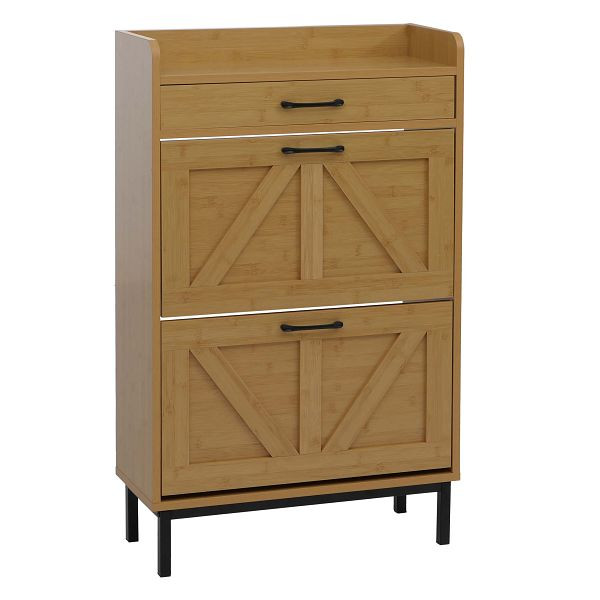 Mendler Schuhkipper HWC-P45, Schuhregal Schuhschrank, 2 Kippfächer Ablage Schublade MDF 95x60x24cm, Bambus-Optik, 139879