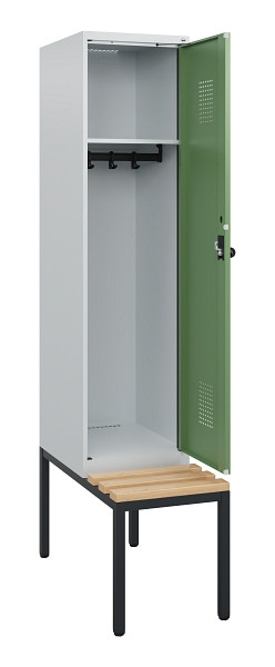 C+P Spind Evolo PLUS, 1 Abteil, 1950x400x815mm, 7035/6011, Drehriegel, Sitzfläche Holz, Sitzbank, 0490505-12 S10010