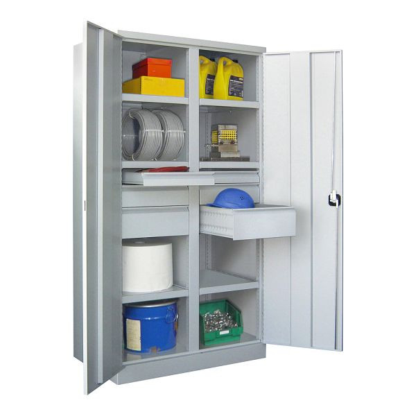 Pavoy Schwerlastschrank 1950/1040/630, Trennwand, 6 gepulverte Fachböden, 6 Schubladen, Flügeltüren, Drehgriff mit Zylinderschloss, 36366-104-005-905118