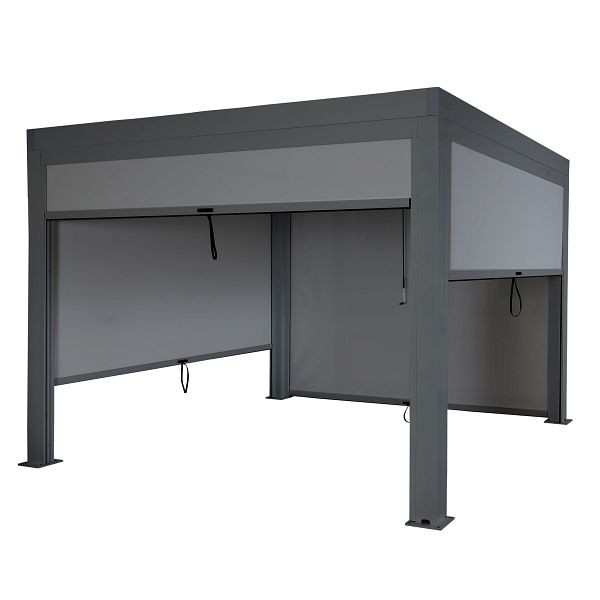 Mendler Pergola HWC-L46 mit Seitenwand, Gartenpavillon Lamellen-Pavillon Rollo, 11cm-Alu-Gestell, sturmfest 3x3m, 99251+99252+99253+99254+4x99263