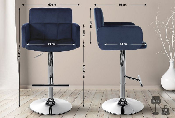 CLP Barhocker Los Angeles Samt chrom, blau, VE: 2 Stück, 327359