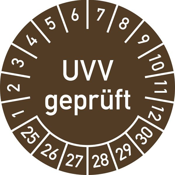 Moedel Prüfplakette UVV geprüft 2025 - 2030, Folie, Ø 30 mm, VE: 10 Stück/Bogen, 106319