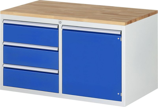 RAU Schubladenschrank Serie 7000, B1145 x T650 x H645mm, Buche-Massiv-Arbeitsplatte, links: 3xH180 mm, rechts: Flügeltür1xH540 mm, 13-LL3.0.8A-B.11
