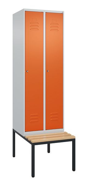 C+P Umkleidespind Classic PLUS mit Mitteltrennwand, Bank, 2 Abteile, 2120x600x815mm, 7035/2004, Zylinderschlösser, Buche-Sitzleisten, 0800507-20F S10120