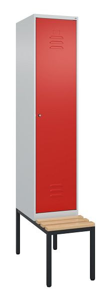 C+P Umkleidespind Classic PLUS, mit untergebauter Sitzbank, 2120x400x815mm, 7035/3020, Zylinderschloss, Buche-Sitzleisten, 0800507-12 S10110