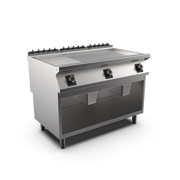 Mareno M1-900 Elektro-Bratplatte mit 2/3 glatter und 1/3 gerippter mattverchromter Platte, 120cm, 1200(B)x920(T)x900(H)mm, FT912EMCSG, 191.263