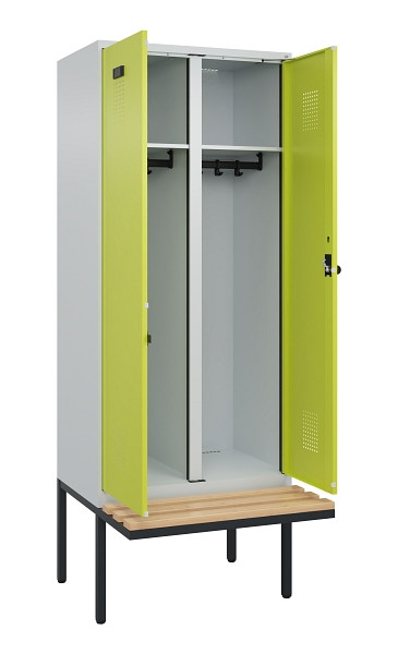 C+P Schwarz-Weiß-Spind Evolo PLUS, Bank, 2 Abteile, 2120x800x815mm, 7035/0024, Drehriegel, Sitzfläche Holz, 0490427-22 S10015