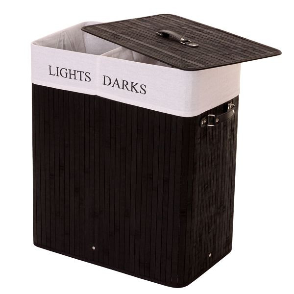 Mendler Wäschekorb HWC-C21, Laundry Wäschebox Wäschesammler Wäschebehälter, Bambus 2 Fächer 63x55x34cm 100l, schwarz, 61155