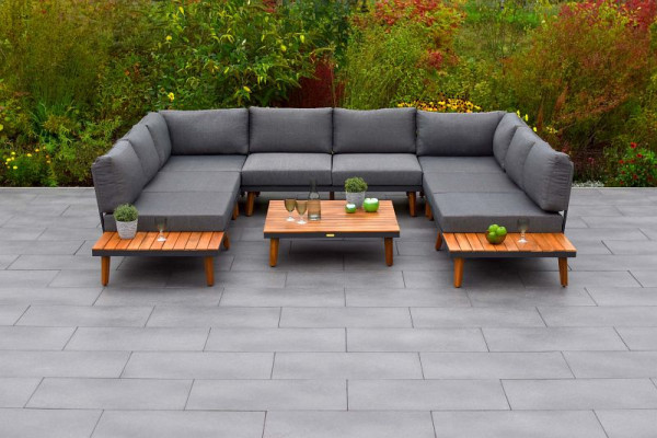 Merxx Akropolis Eckset, 2 Eckbänke mit seitlichen Ablageflächen, 1 Tisch 90 x 90 cm, inkl. Sitz- und Rückenkissen, diverse Aufstellmöglichkeiten, 22039-011