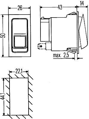 HELLA Schalter, Tastbetätigung/Wippbetätigung, Ausstattungsvar.: II+->I-0, Anschlussanzahl: 6, geclipst, 6RH 007 832-411