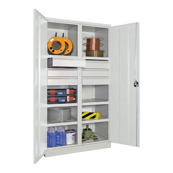 Pavoy Schwerlastschrank 1950/1040/630, Trennwand, 6 gepulverte Fachböden, 6 Schubladen, Flügeltüren, Drehgriff mit Zylinderschloss, 36366-104-003-910300