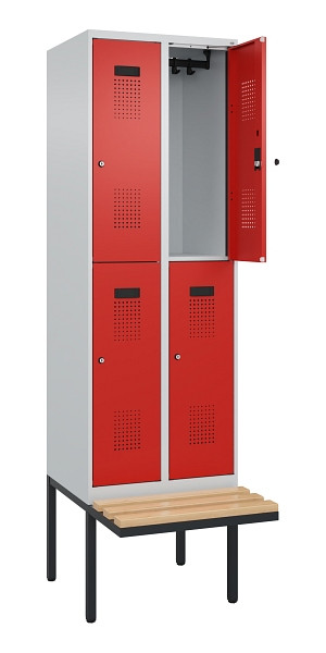 C+P Doppelstock-Spind Evolo PLUS, Bank, 4 Fächer, 2120x600x815mm, 7035/3020, Zylinderschloss, Sitzfläche Buche-Hartholz, 0493407-20 S10032