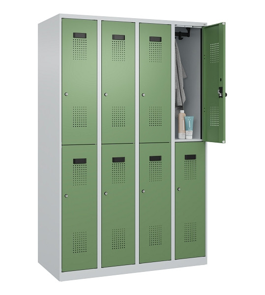 C+P Doppelstöckiger Spind Evolo PLUS, 8 Fächer, 1850x1200x500mm, 7035/6011, Zylinderschloss, 049300-40 S10037