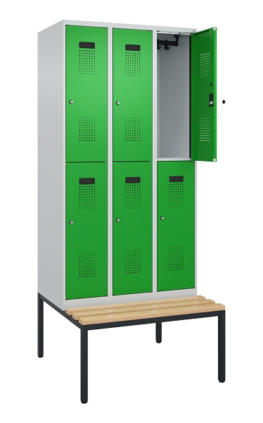 C+P Doppelstock-Spind Evolo PLUS, Bank, 6 Fächer, 2120x900x815mm, 7035/6037, Zylinderschloss, Sitzfläche Buche-Hartholz, Sitzbank, 0493507-30 S10038