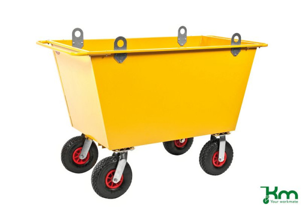 Kongamek Abfallwagen 300 l, 1150 x 730 x 920 mm, Gelb, 2 Bockrollen 2 Lenkrollen, mit Kranösen, KM143175-L