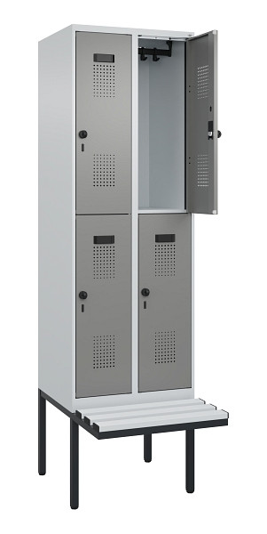 C+P Doppelstock-Spind Evolo PLUS, Bank, 4 Fächer, 2120x600x815mm, 7035/0004, Drehriegel, Sitzfläche Kunststoff, 0493407-20 S10095